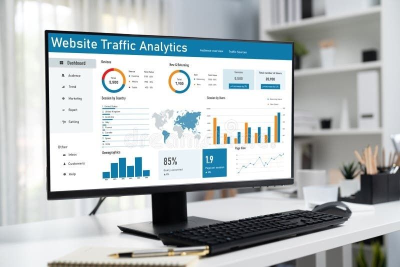 Bildskärm med analysdashboard för webbtrafik och sökdata